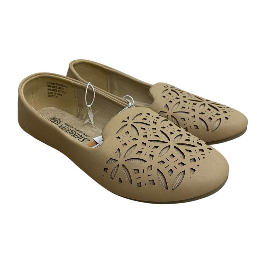 Harborsides Women's Wide Width Tan Flats 7.5W Comfort Slip-On Cutout Design